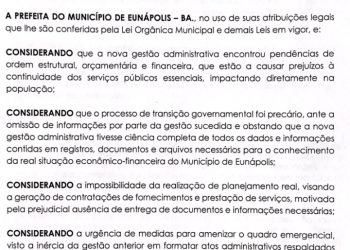 Prefeitura decreta estado de emergência por 60 dias em Eunápolis