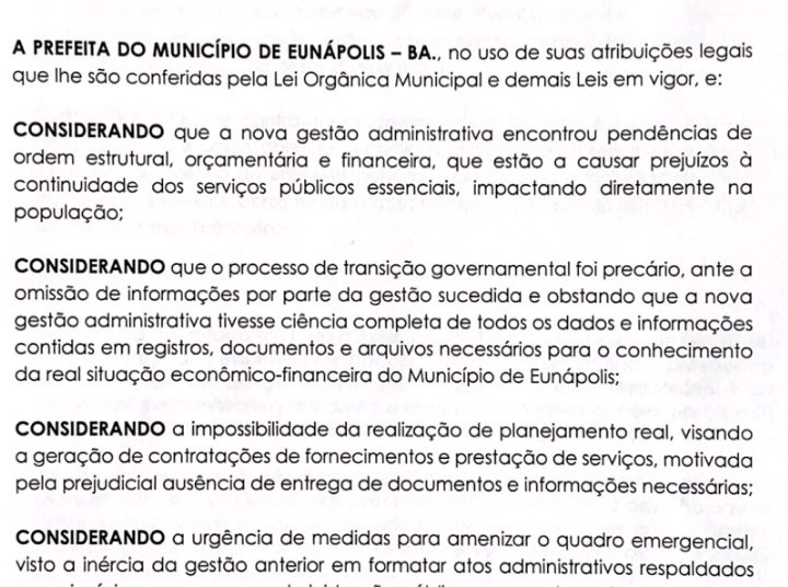 Prefeitura decreta estado de emergência por 60 dias em Eunápolis