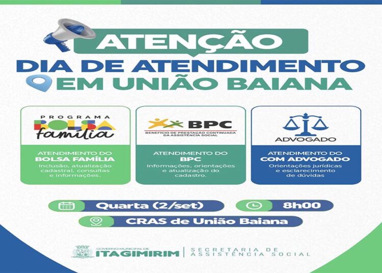 ITAGIMIRIM | CRAS de união Baiana fará atendimento de “Bolsa Família”, “BPC” e “Jurídico”, a quarta, 02/09